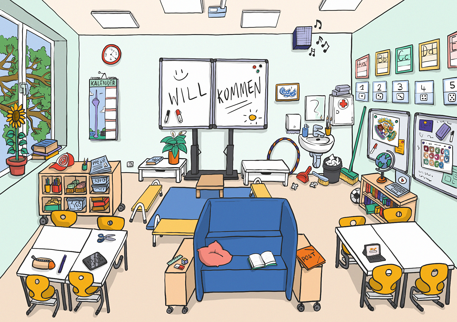 Illustriertes, freundlich gestaltetes Klassenzimmer mit verschiedenen Lernbereichen