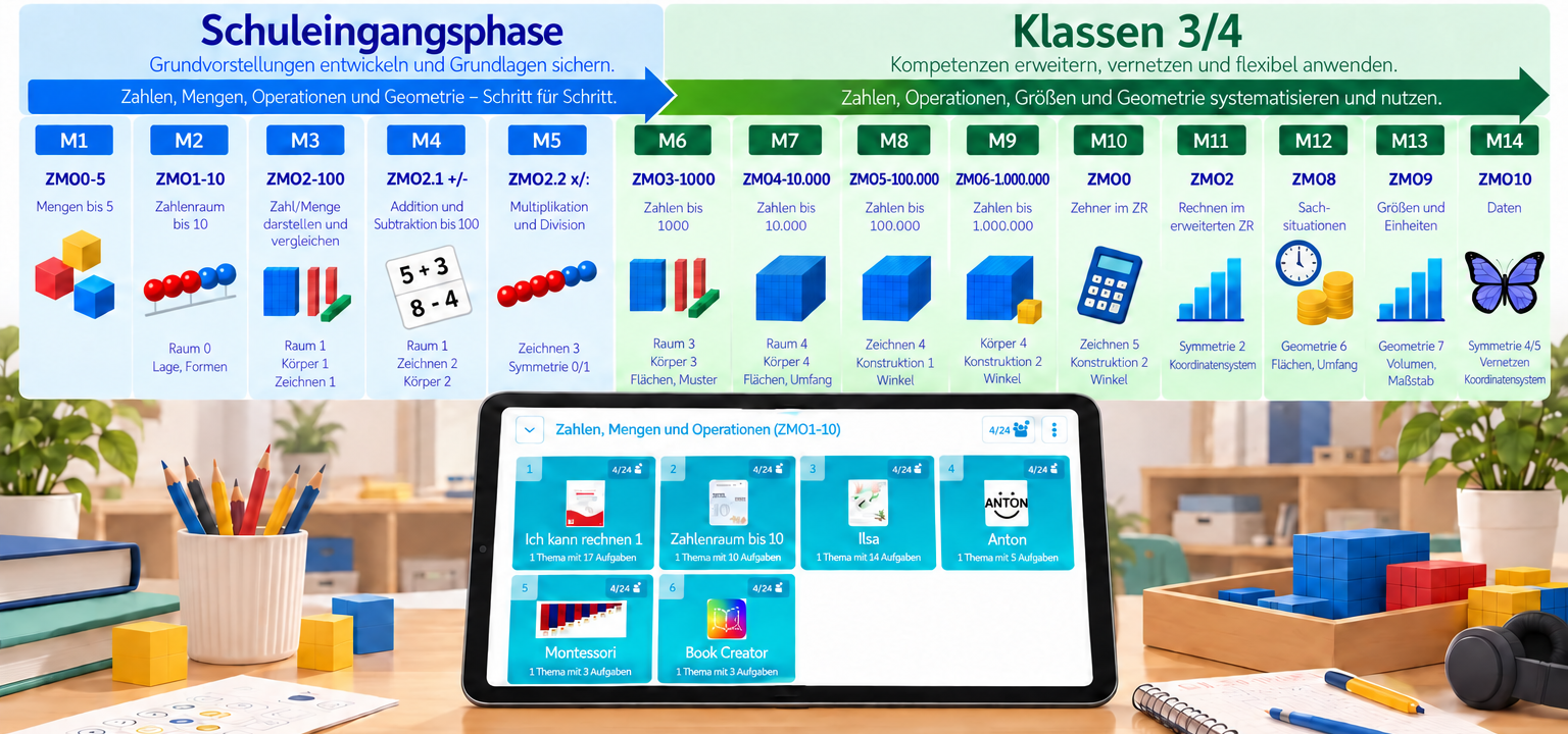 Mathematik-Kompetenzraster von M1 bis M14 mit Darstellung des digitalen Lernwegs in LearningView