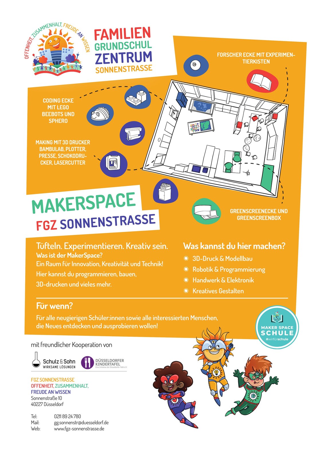 Poster mit der Ausstattung und den Lernbereichen des MakerSpace