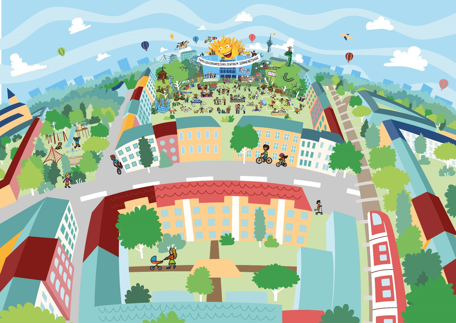 Illustration der Schulgemeinschaft des FGZ Sonnenstraße im Stadtteil