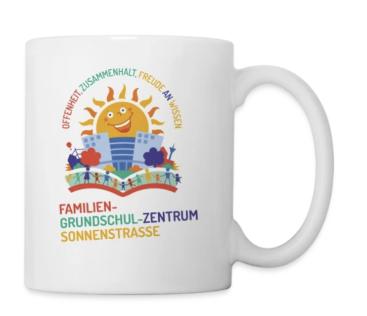 Weiße Tasse mit dem farbigen FGZ-Logo